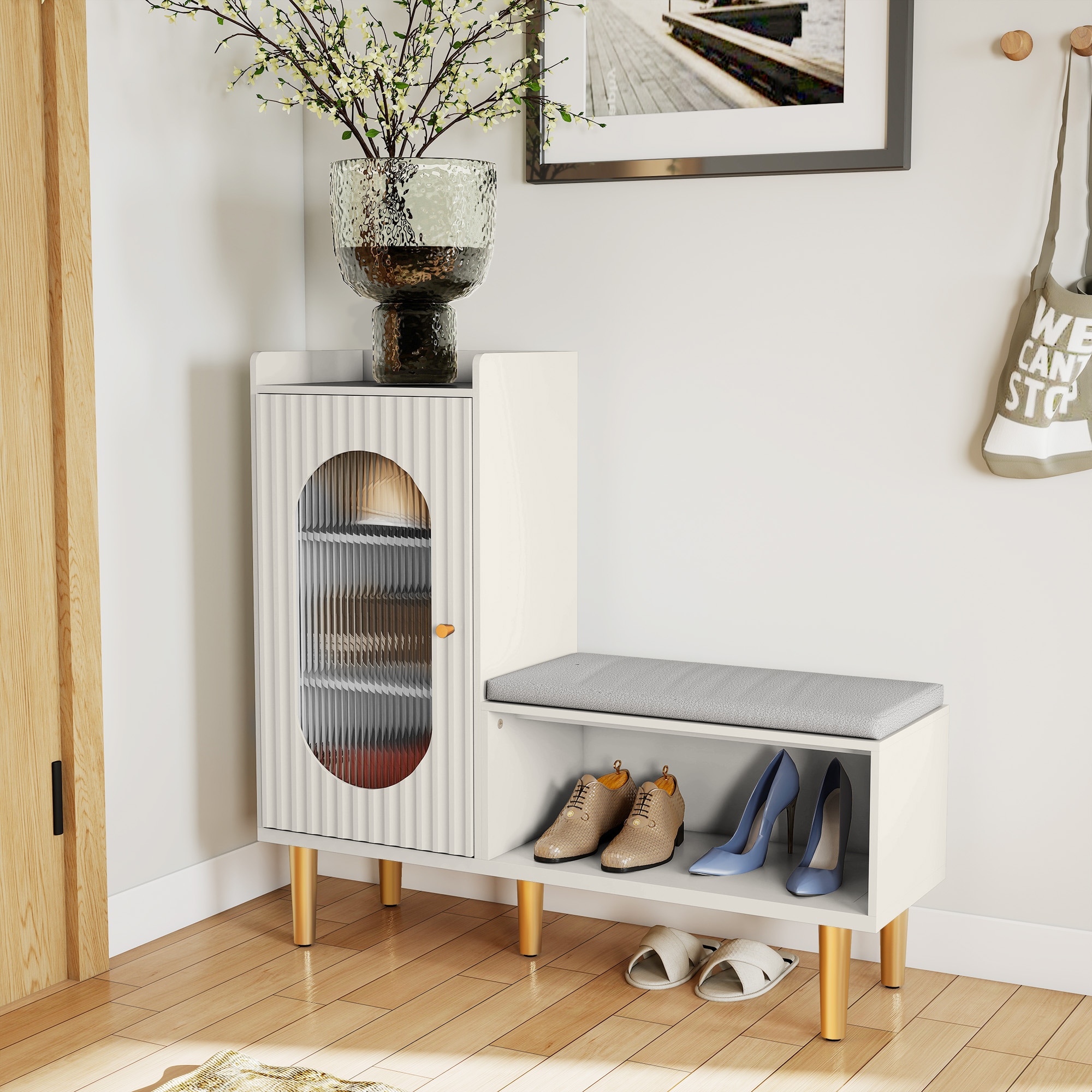 Shoe Cabinet For Entryway, L-Shaped Shoe Storage Bench With Padded Seat, Modern Organizer With Glass Door And Shelf For Hallway, Bedroom, White_voghion.com